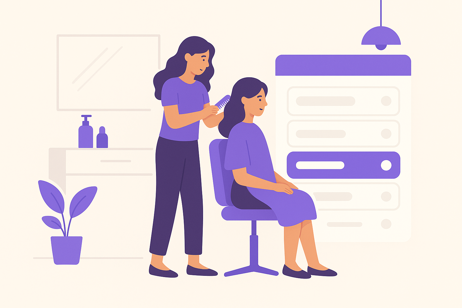 An illustration of a beauty salon with a digital booking interface.