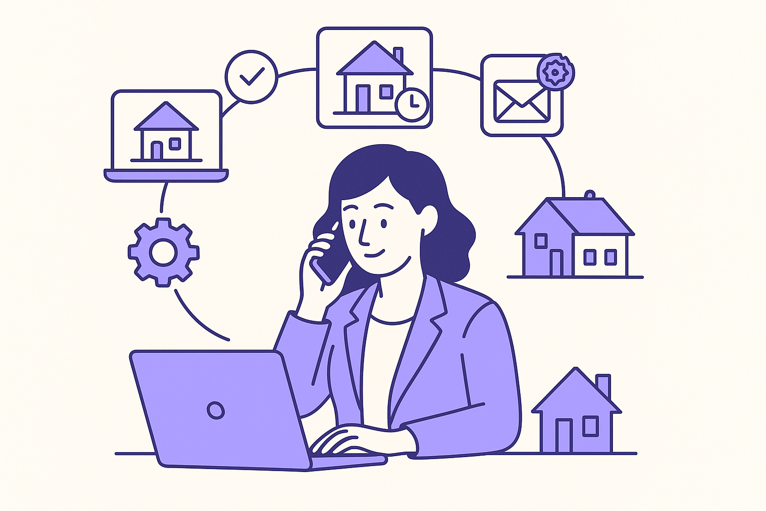 An illustration of a busy real estate agent using automation tools.