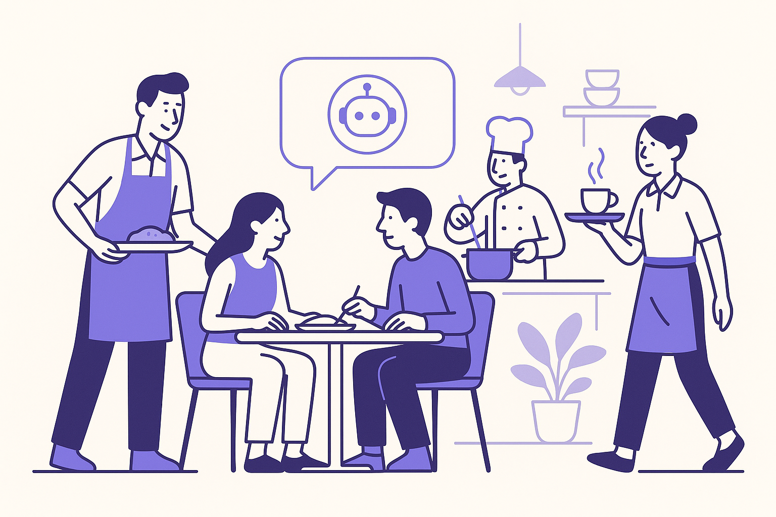 Illustration of a busy restaurant with staff and automated chat responses.