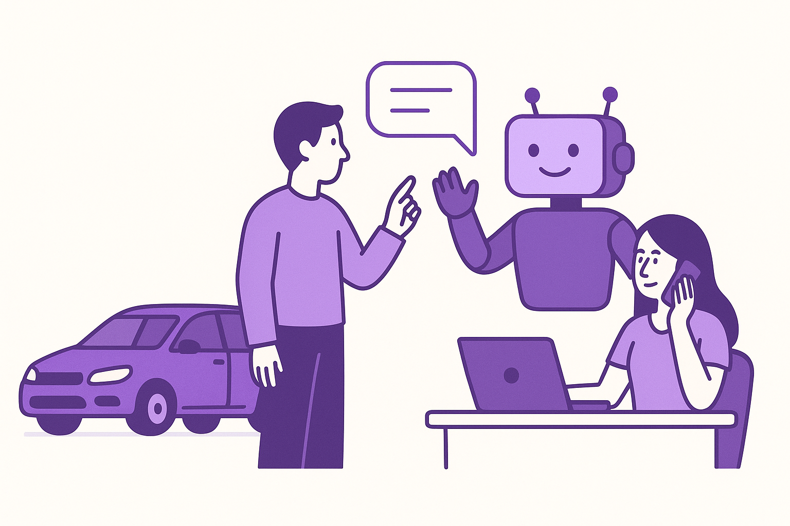 Illustration of a chatbot assisting car rental customers.