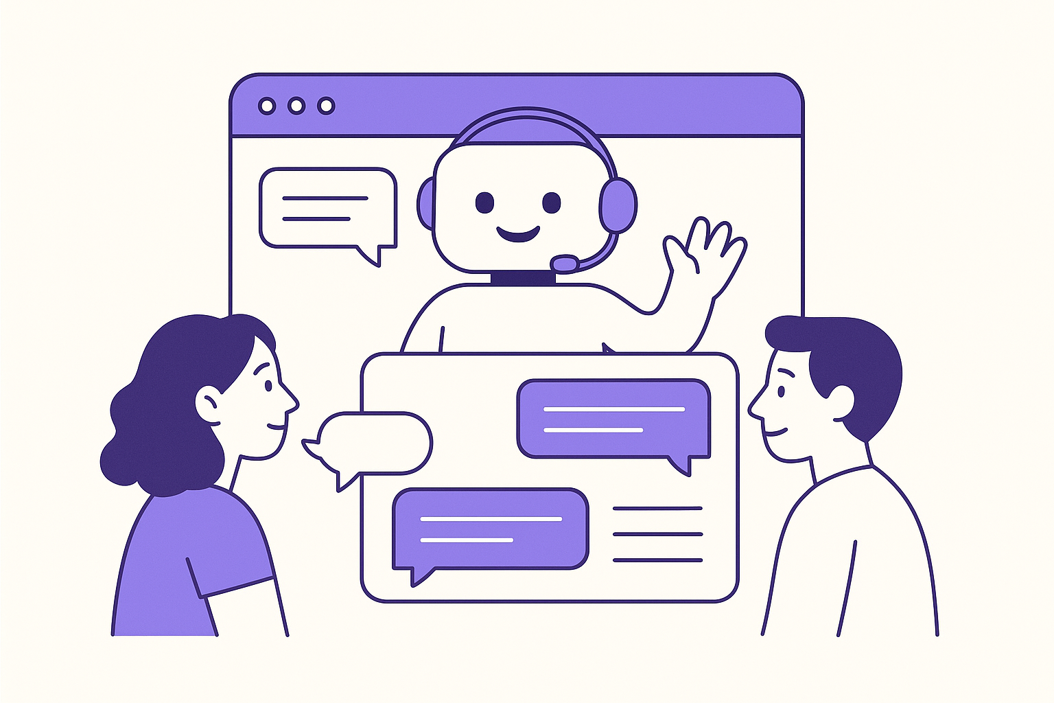 An illustration showing a chatbot engaging with website visitors.