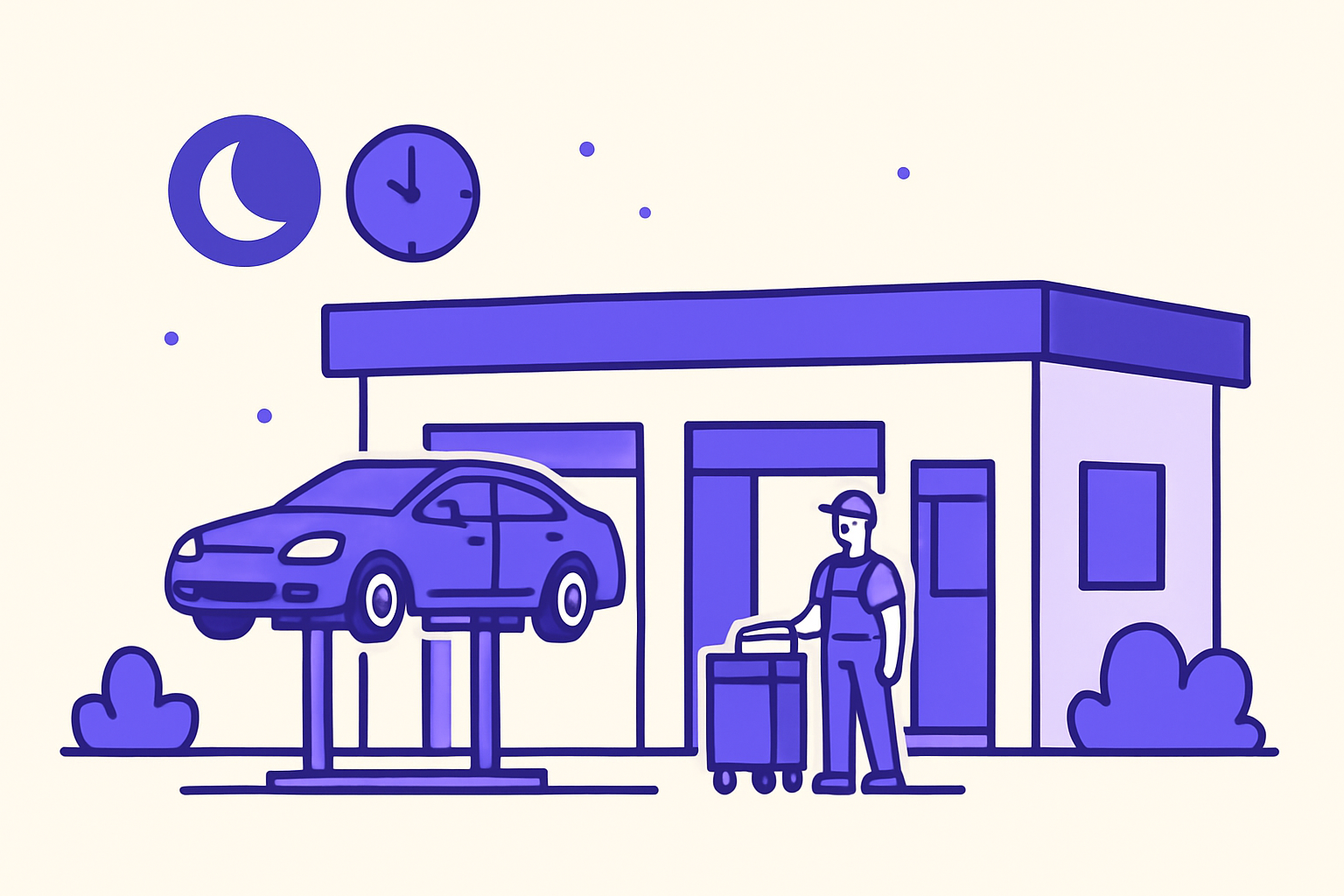 Illustration of a car service center with a clock showing night time.