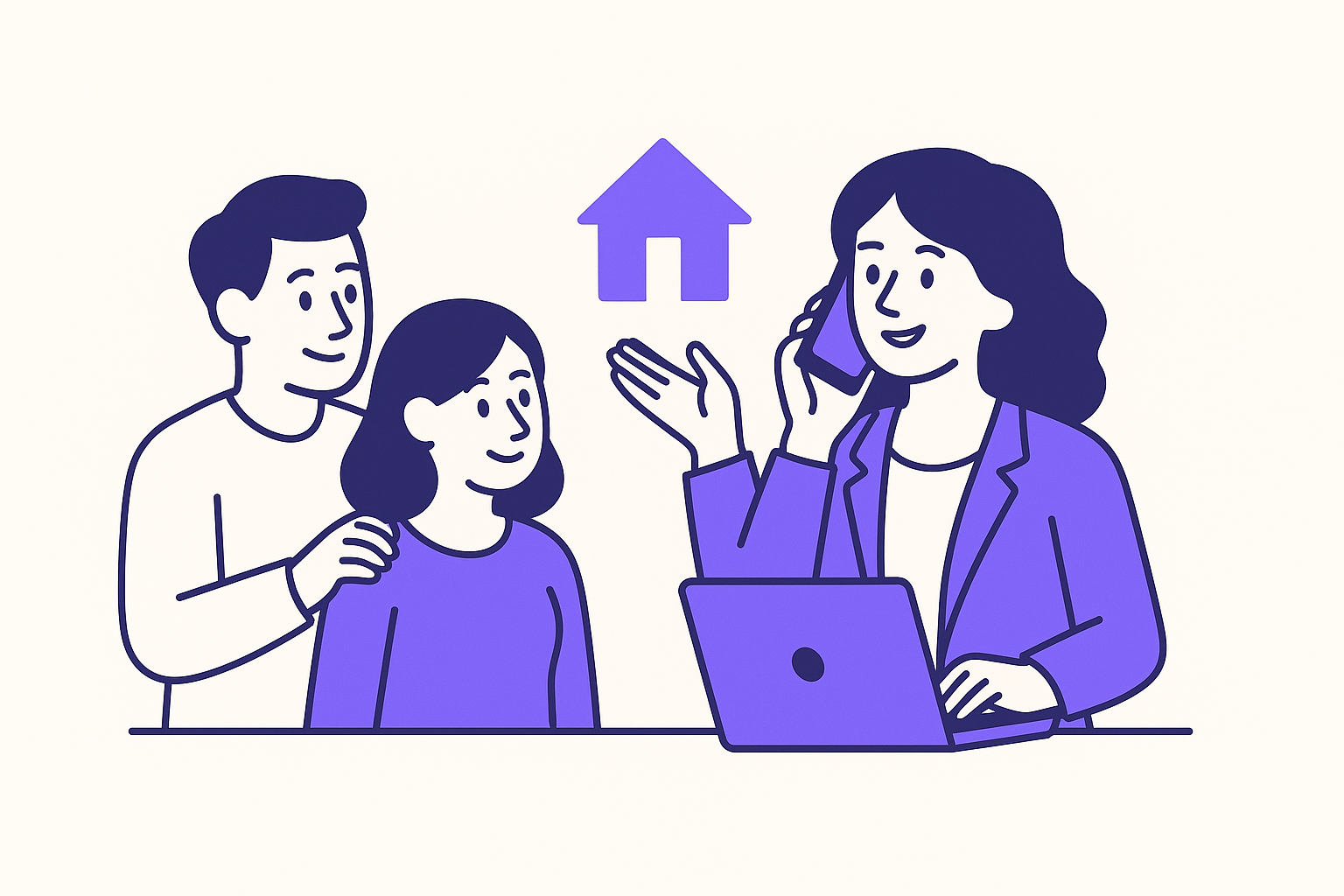 A graphic showing a real estate agent assisting clients with a phone and laptop.