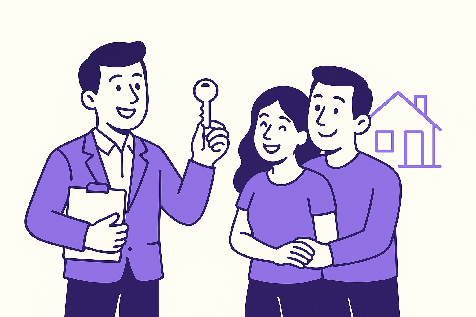 Illustration showing a happy real estate agent with satisfied clients.