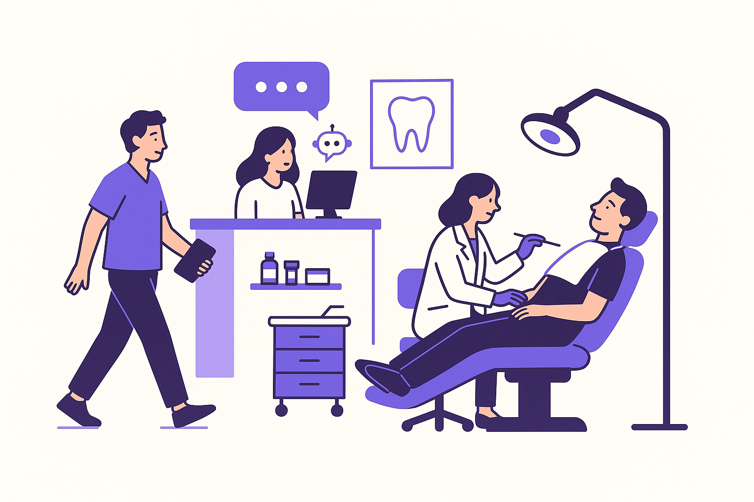 An illustration of a busy dental office with automated chat support.