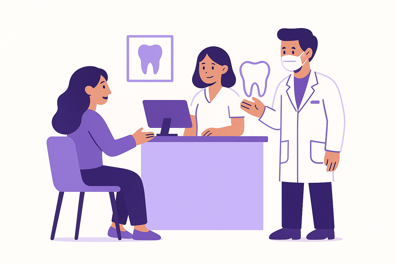 Diş kliniği çalışanlarının hasta ile etkileşimde bulunduğu bir sahne.