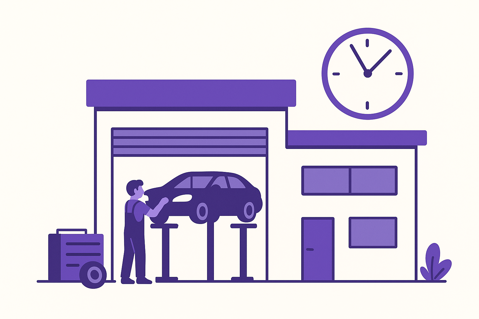 Illustration of a car service center with a clock showing night hours.