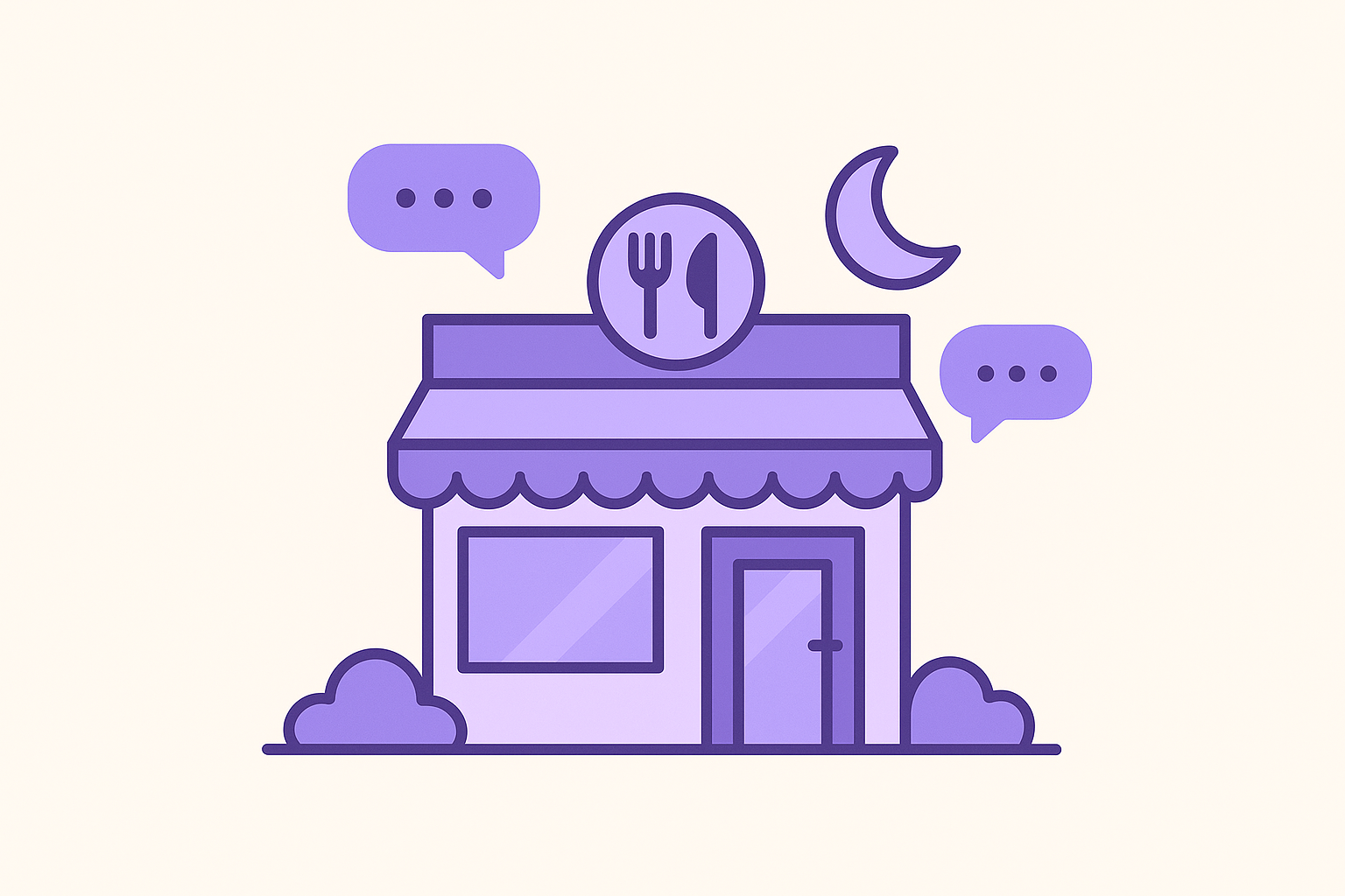 Graphic showing a restaurant open late with chat bubbles.