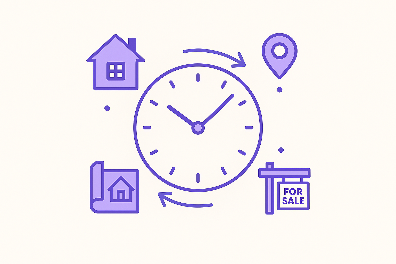 A graphic showing a clock with real estate icons around it, symbolizing 24/7 service