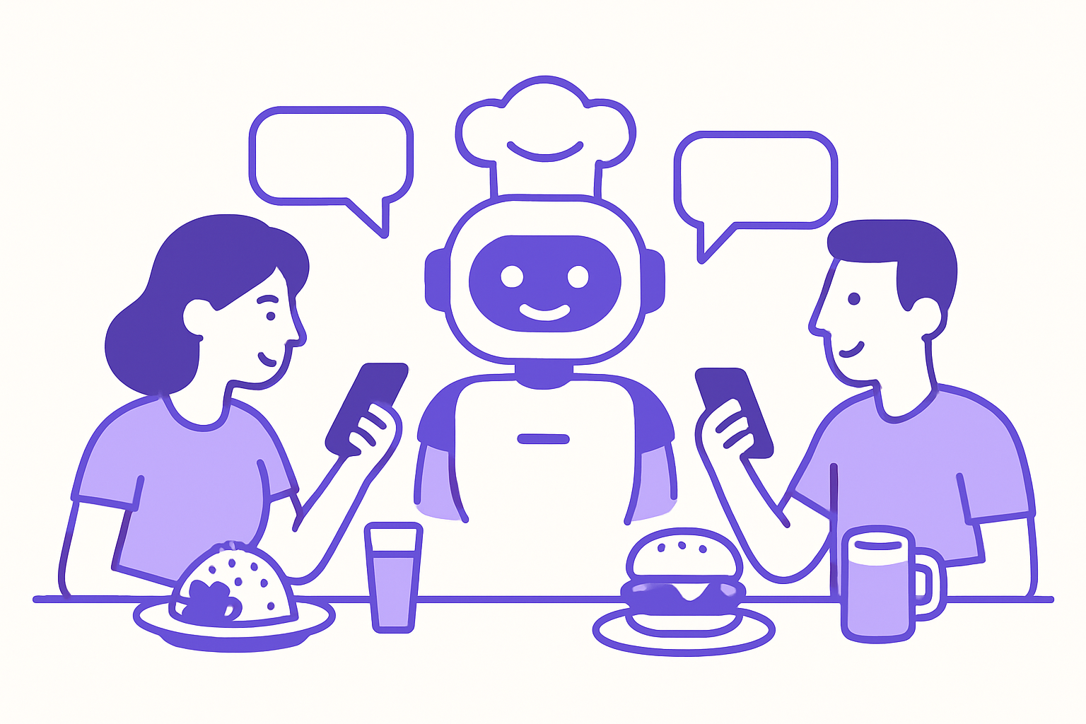 Illustration of a restaurant chatbot interacting with customers via WhatsApp.