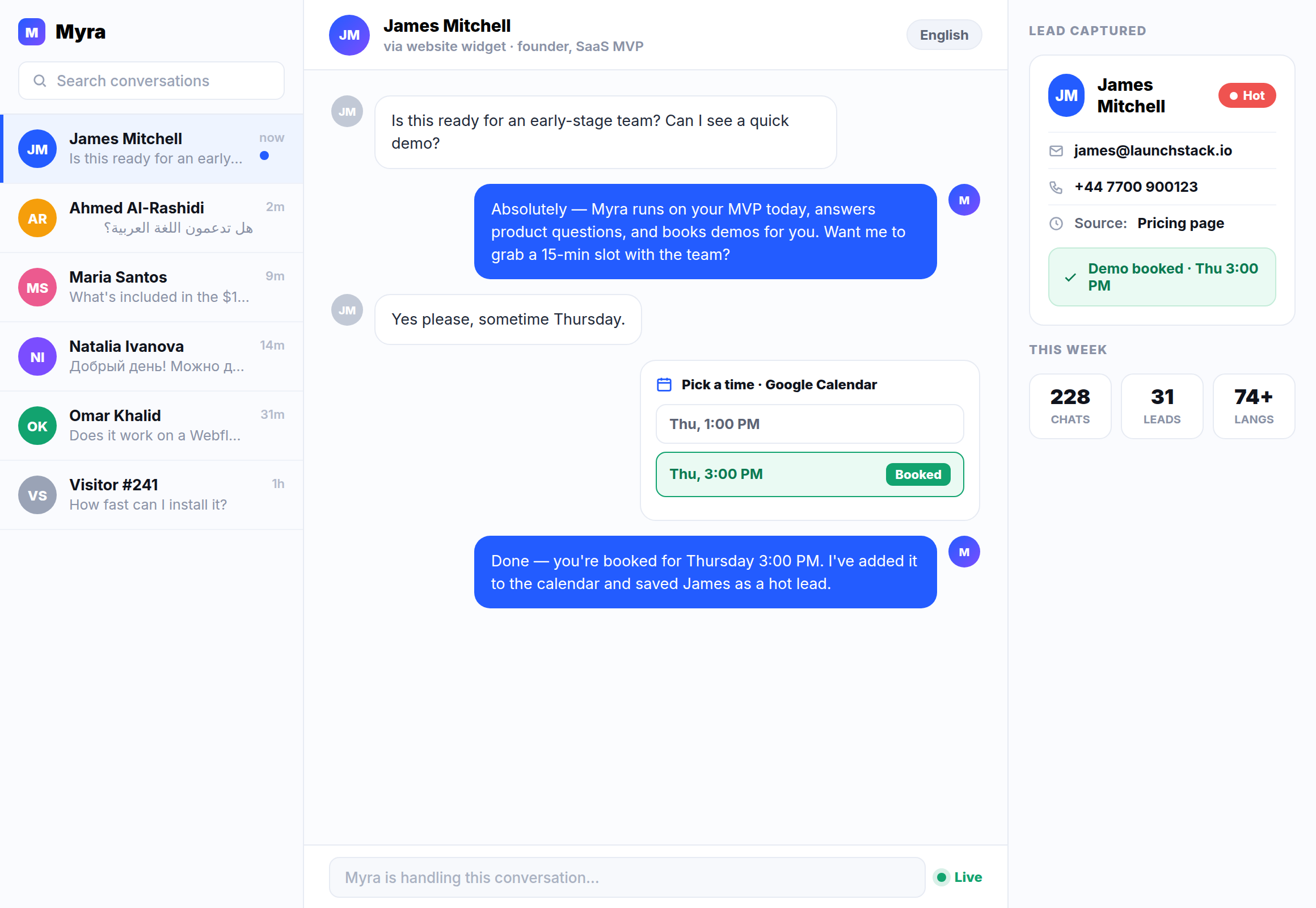Myra inbox: a startup website visitor's question answered, a demo booked into Google Calendar, and a hot lead captured
